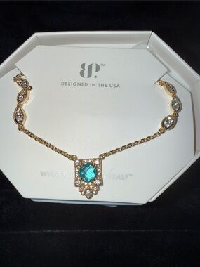 bp Gold-Tone Necklace with Teal Center Stone and Clear Accents